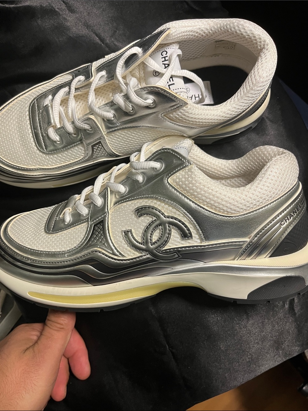 CHANEL Silver and White Platform Sneakers